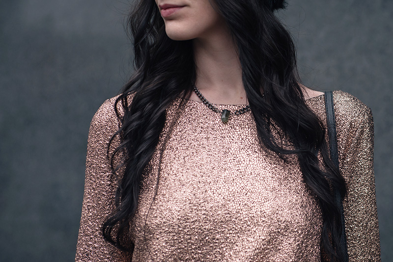 Fashion blogger Stephanie of FAIIINT wearing F&F at Tesco gold foil metallic dress, Regal Rose labradorite choker necklace. Outfit details.