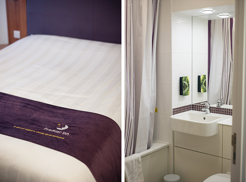 Premier Inn London Southwark kingsize bed, bathroom.