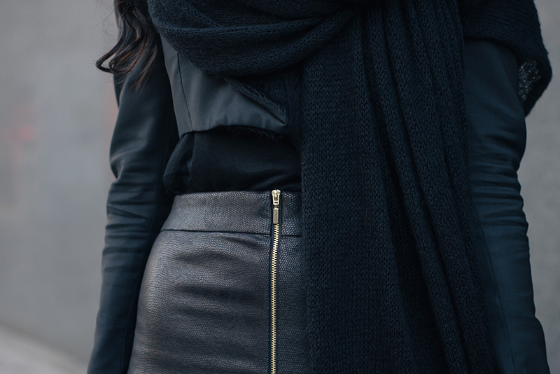 Fashion blogger Stephanie of FAIIINT wearing Rita and Phill custom fit Elaine skirt in snake, ASOS draped scarf. Outfit details.