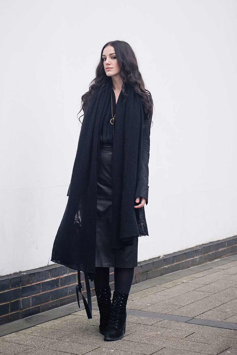 Fashion blogger Stephanie of FAIIINT wearing ASOS scarf, Todd Lynn x Topshop tux jacket, River Island drape blouse, Brag Vintage leather pencil skirt, Young Hearts quartz necklace, Kurt Geiger lace up Saturn boots, Bracher Emden bag. All black everything dark street style outfit.