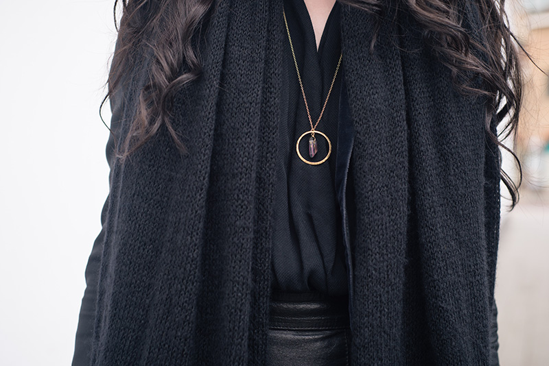 Fashion blogger Stephanie of FAIIINT wearing ASOS scarf, Todd Lyn x Topshop tux jacket, River Island drape blouse, Young Hearts mystic raw black quartz necklace in gold brass circle. Outfit details.
