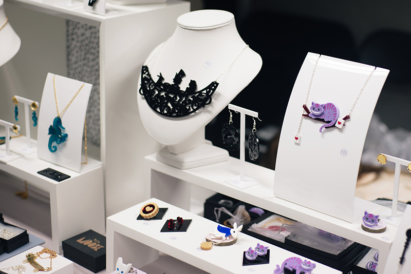 Hyper Japan Christmas Market 2015 at Tobacco Dock London. Little Moose perspex Alice In Wonderland jewellery.