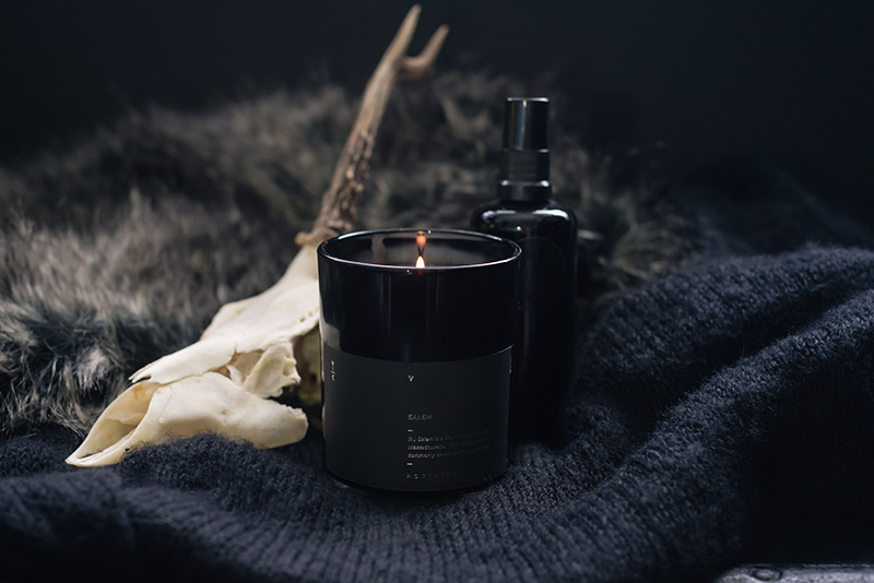 FAIIINT Nocturna 'Salem' candle and Arcana Rose Water Mist. Dark homewear decor still life with deer skull.
