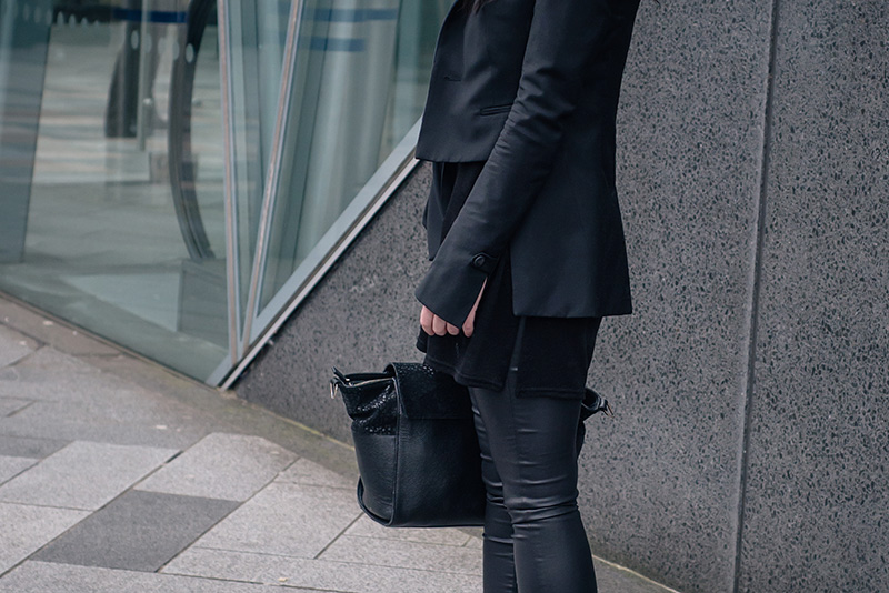Fashion blogger Stephanie of FAIIINT wearing New Look draped cut out blouse, coated skinny disco jeans, Todd Lynn x Topshop tux jacket, Bracher Emden bag. All black everything dark street style outfit details.