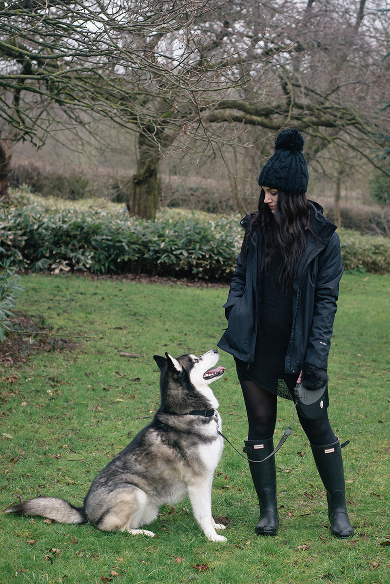 Fashion blogger Stephanie of FAIIINT with husky dog Nico wearing OASAP pom pom beanie, The North Face Evolution TriClimate 3 in 1 jacket, H&M asymmetric jumper, Hunter wellington boots, Topshop faux fur handwarmers. All black everything dark style winter dog walking outfit.