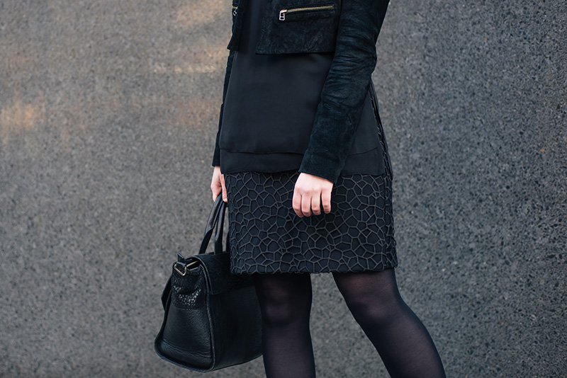 Fashion blogger Stephanie of FAIIINT wearing Topshop cropped suede jacket, Reiss Coral overlay textured shift dress. All black everything dark street style outfit details.