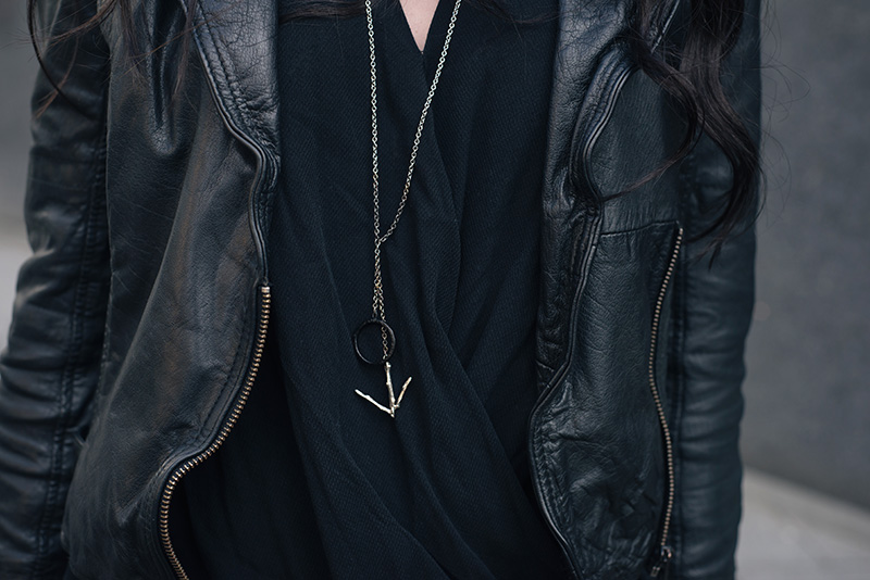 Fashion blogger Stephanie of FAIIINT wearing MuuBaa leather biker jacket, River Island drape top, Hvnter Gvtherer silver lacustrine necklace. All black everything outfit details.