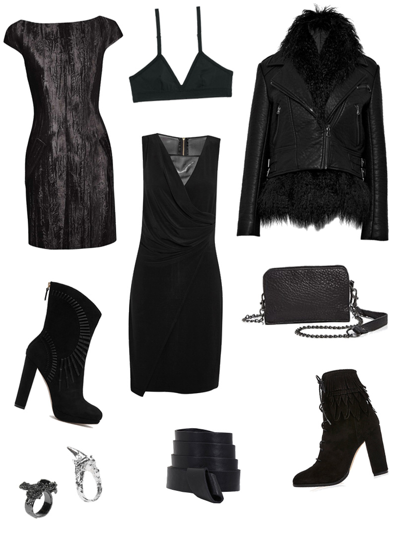 FAIIINT Wishlist, Topshop unique Mayall velvet dress, & other stories triangle bra, French Connection faux leather and fur jacket, Reiss Dunaway suede boots, French Connection Mona dress, Liebeskind bag, Estelle Deve rings, Boohoo knot detail belt, River Island fringed ankle boots.
