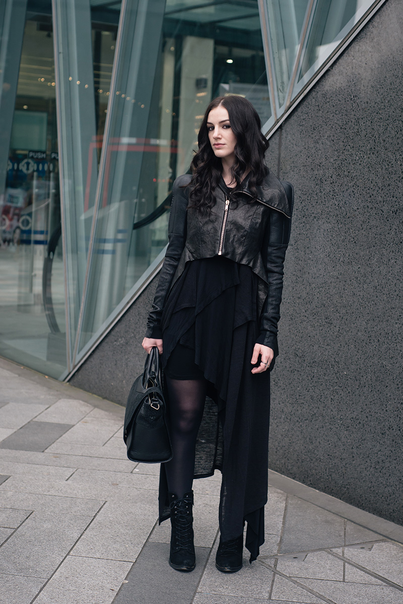 Fashion blogger Stephanie of FAIIINT wearing Rick Owens draped back cropped leather jacket fw10, H&M maxi cardigan, FAIIINT Splice layered dress, Kurt Geiger Saturn lace up boots, Bracher Emden bag. All black everything dark goth street style outfit.