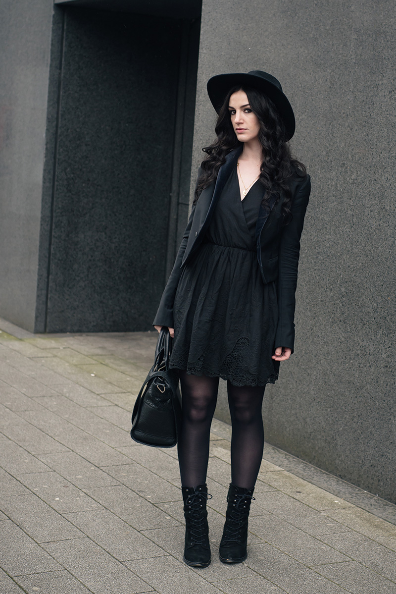 Fashion blogger Stephanie of FAIIINT wearing Catarzi fedora, Todd Lynn x Topshop tux jacket, Lavand lace hem dress, Kurt Geiger Saturn boots. All black everything dark style outfit.