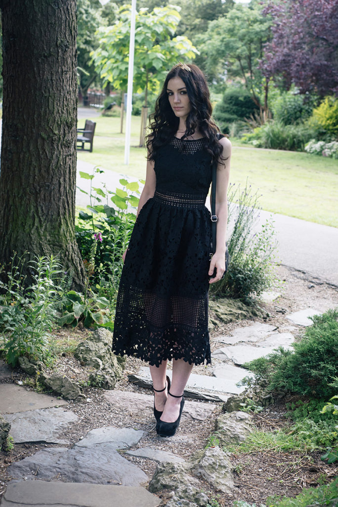 Fashion blogger Stephanie of FAIIINT wearing ASOS gold leaf crown headband, Miss Selfridge mixed lace dress, Aldo suede wedges. All black everything gothic wedding guest outfit, dark street style.Fashion blogger Stephanie of FAIIINT wearing ASOSgold leaf crown headband, Miss Selfridge mixed lace dress, Aldo suede wedges. All black everything gothic wedding guest outfit, dark street style.