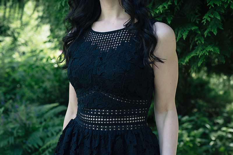 Fashion blogger Stephanie of FAIIINT wearing Miss Selfridge black mixed lace dress. Outfit details.