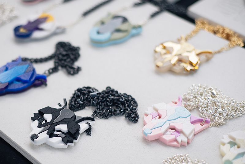 Hyper Japan festival 2016 Kensington Olympia. Geometric wolf head perspex necklaces from SSTUTTER.
