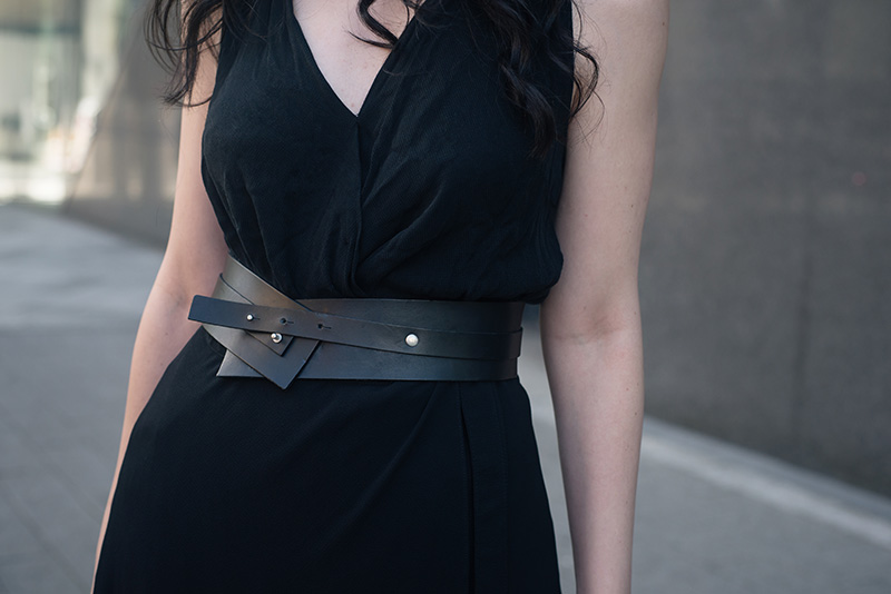 Fashion blogger Stephanie of FAIIINT wearing Pieces leather wrap belt. Outfit details.