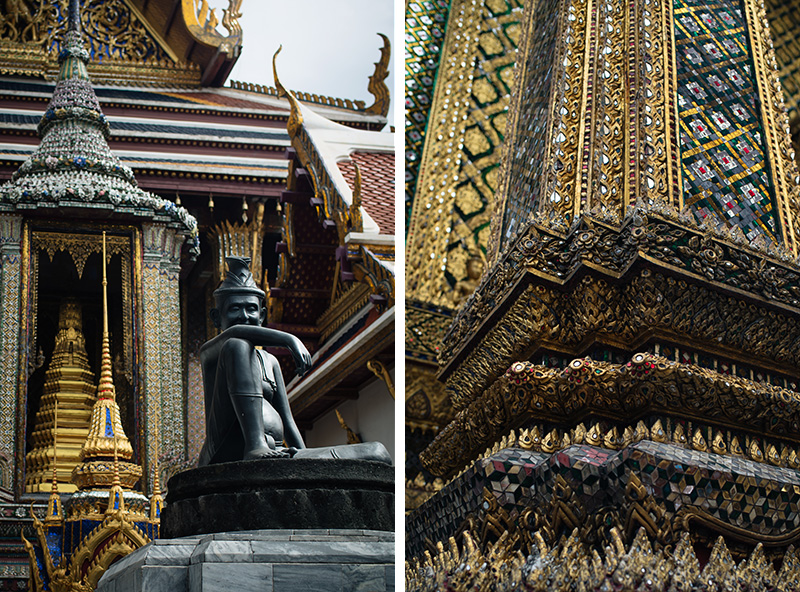 Temples of Bangkok Thailand, The Grand Palace and Wat Phra Kaew, glittering gold mosaic tiles.