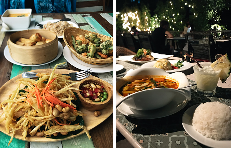 Bangkok Thailand food. Curry, rice, papaya salad.