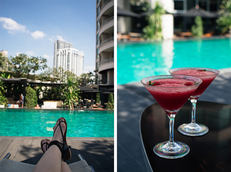Anantara Sathorn Bangkok hotel Thailand pool area with strawberry daiquiri cocktails.