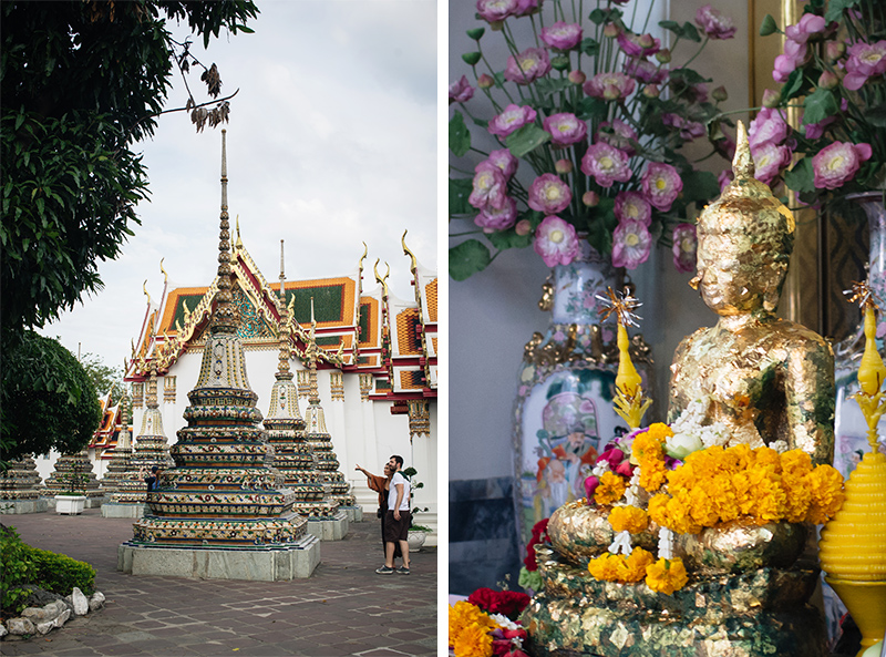 Temples of Bangkok Thailand, Wat Pho gold buddha statue with flowers and mosaic stupas.