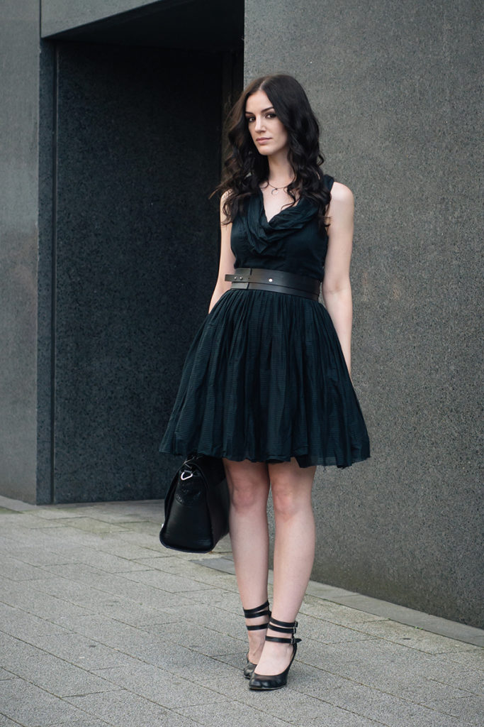 Fashion blogger Stephanie of FAIIINT wearing All Saints dress, Vivienne Westwood animal toe shoes, Pieces wide leather belt. All black dark street style outfit.