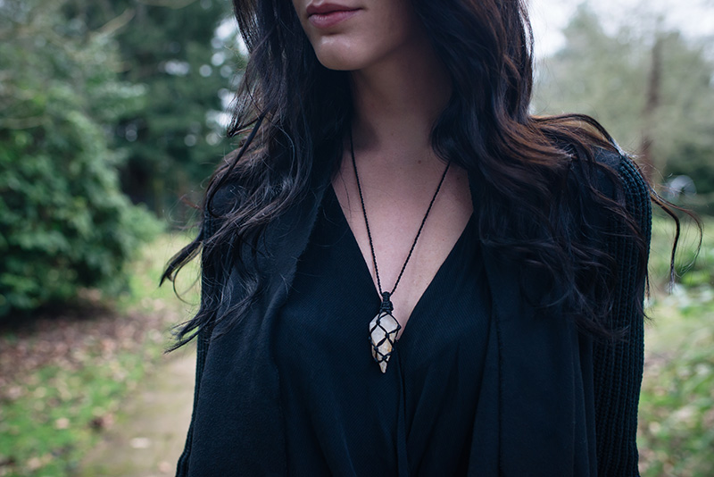 Fashion blogger Stephanie of FAIIINT wearing H&M Draped coat jacket, River Island draped top, raw quarz braided necklace from Cambodia. All black everything dark style outfit details.