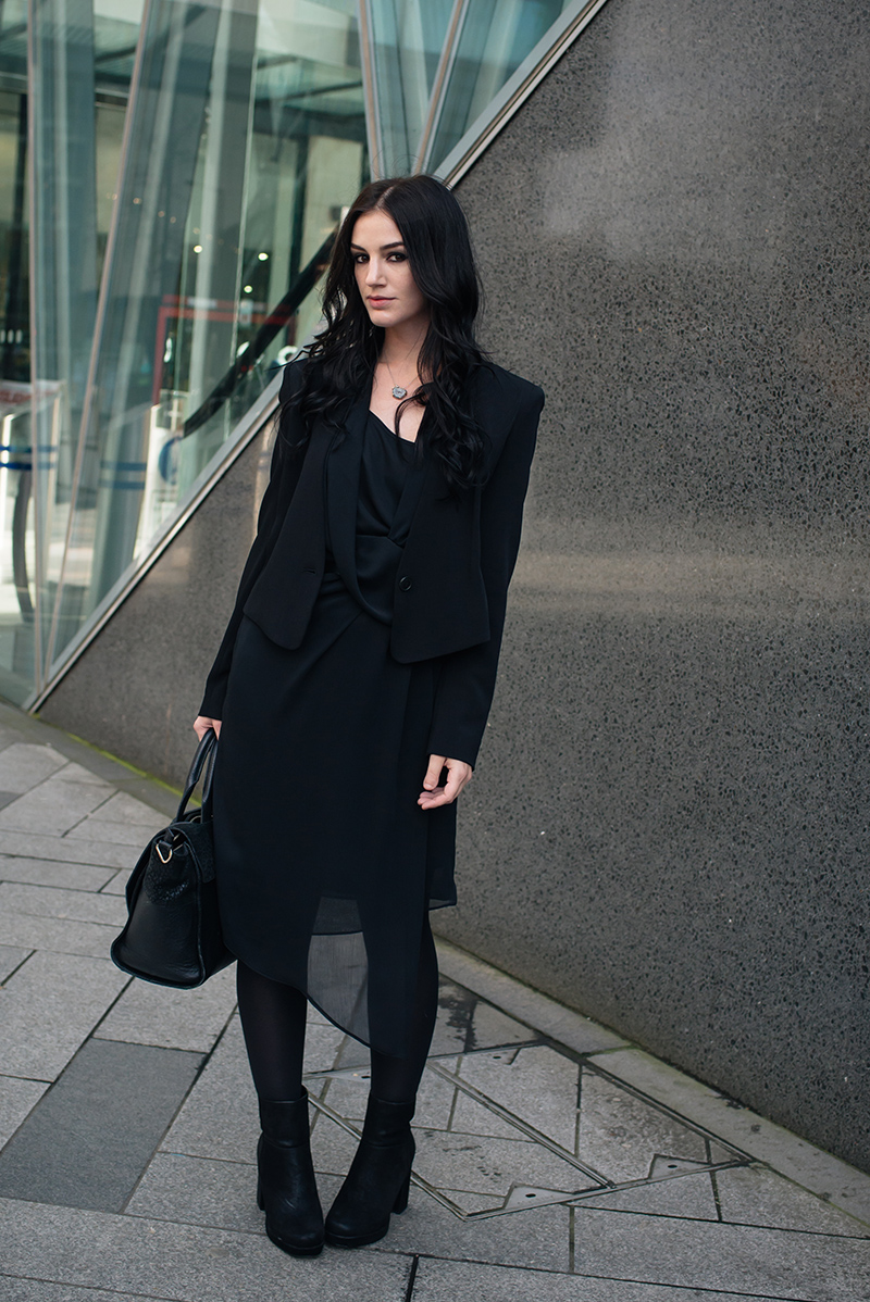 Fashion blogger Stephanie of FAIIINT wearing Theyskens' Theory cropped tailored jacket, River Island draped chiffon dress and nubuck platform boots. All black everything dark street style outfit.