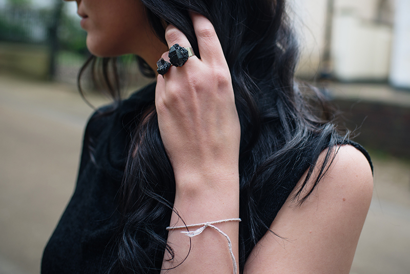Dark style fashion blogger Stephanie of FAIIINT wearing Elemental Luxury black phantom quartz rings. Outfit details.