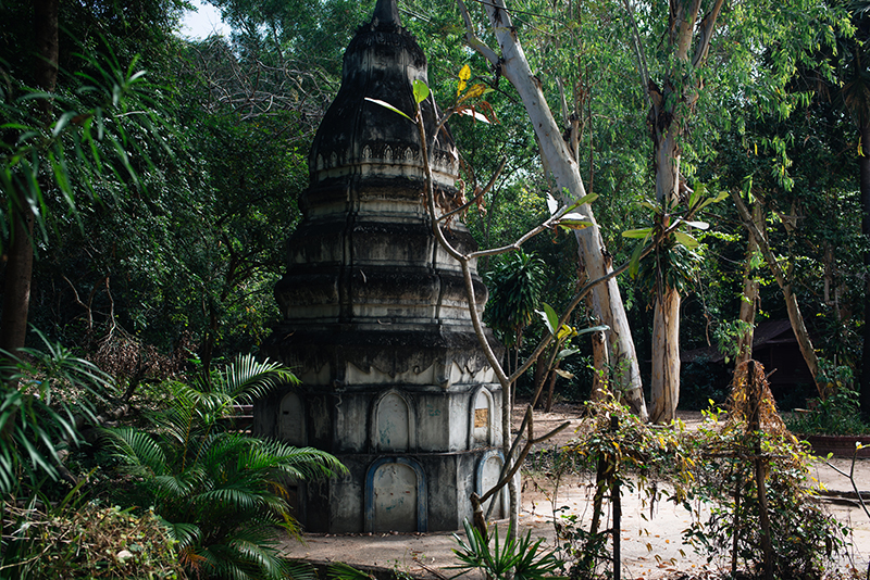 Siem Reap countryside in Cambodia, small stupa on temple grounds.