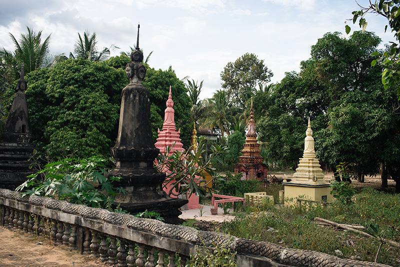 Siem Reap Cambodia Buddhist temple small stupas in the garden.