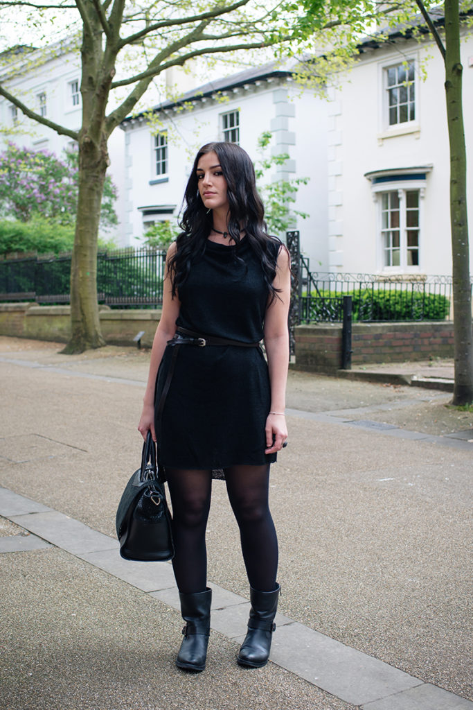 Dark style fashion blogger Stephanie of FAIIINT wearing H&M cowl knit tunic, All Saints wrap belt, Jones Bootmaker yazmin biker boots, Regal Rose Rua labradorite choker necklace, Elemental Luxury phantom quartz rings. All black street style outfit.