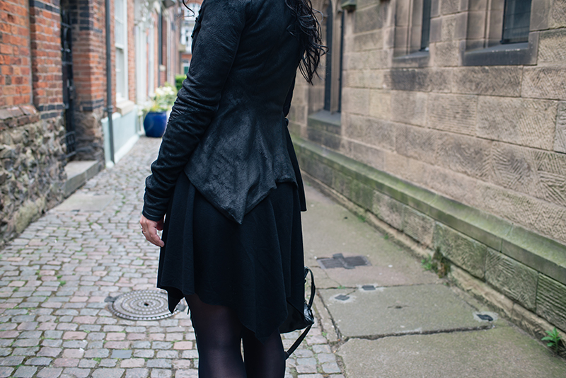 Dark style fashion blogger Stephanie of FAIIINT wearing Rick Owens Naska blistered lamb leather jacket, Helmut Lang drape skirt. All black street style outfit details.