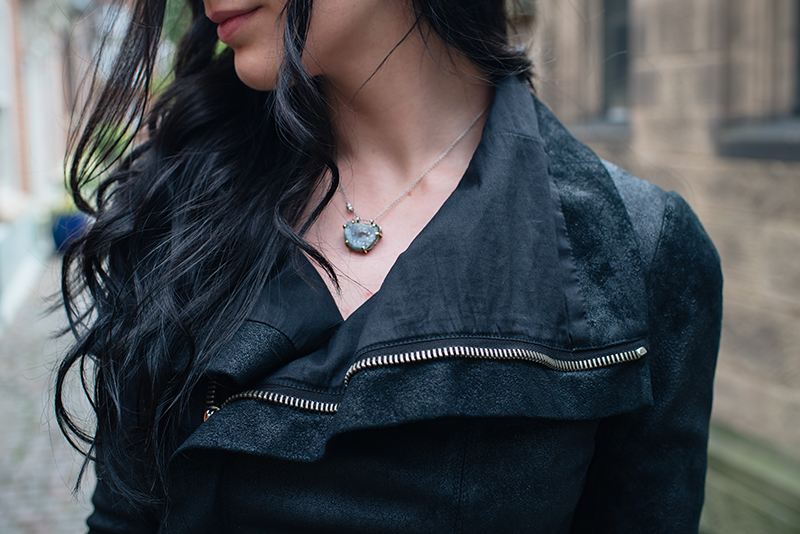 Dark style fashion blogger Stephanie of FAIIINT wearing Rick Owens Naska blistered lamb leather jacket, The Silver Cafe druzy topaz crystal necklace. All black street style outfit details.