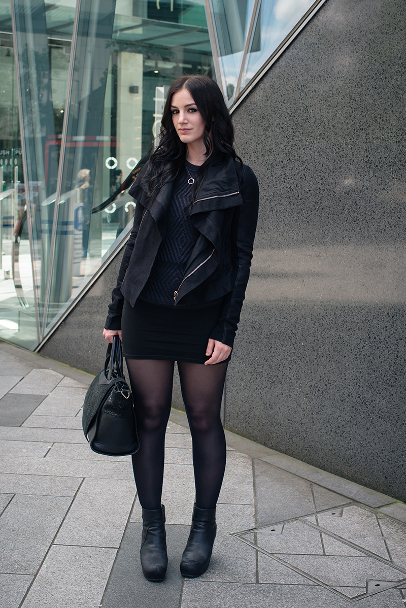 Dark style fashion blogger Stephanie of FAIIINT wearing Arura cable knit t-shirt jumper, H&M skirt, Rick Owens twill drape jacket, Rick Owens wedge boots. All black street style outfit.