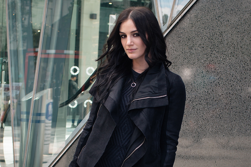 Dark style fashion blogger Stephanie of FAIIINT wearing Arura cable knit t-shirt jumper, H&M skirt, Rick Owens twill drape jacket, Rick Owens wedge boots. All black street style outfit.