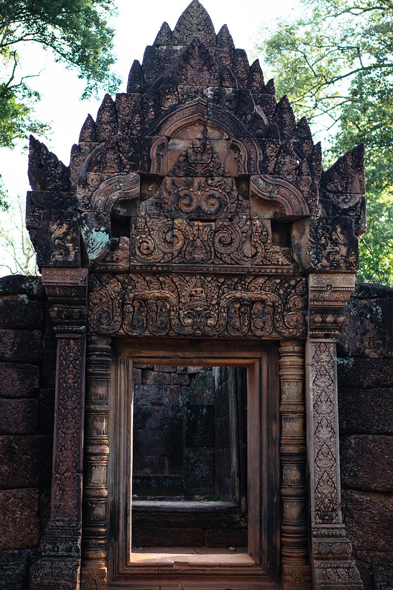 Banteay Srei Citadel of Women beautiful carved pink sandstone Hindu temple in Siem Reap Cambodia.