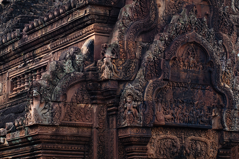 Banteay Srei Citadel of Women beautiful carved pink sandstone Hindu temple in Siem Reap Cambodia.