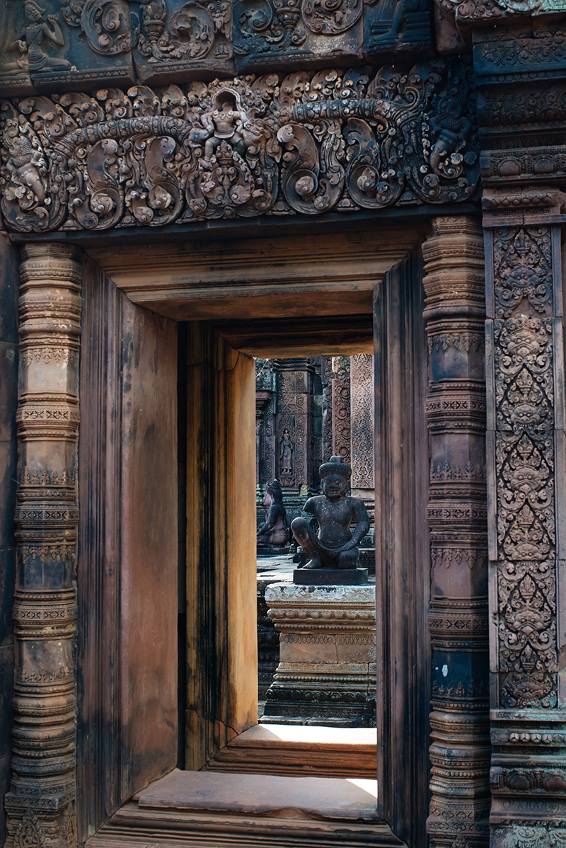 Banteay Srei Citadel of Women beautiful carved pink sandstone Hindu temple in Siem Reap Cambodia.