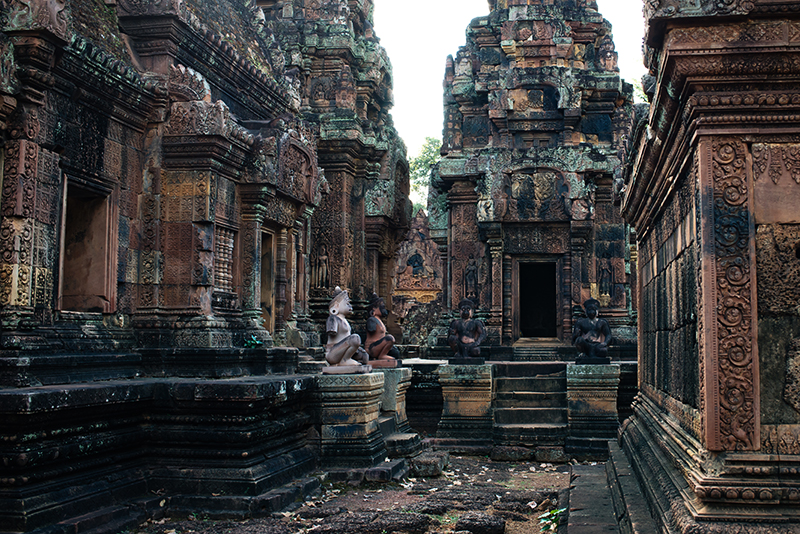 Banteay Srei Citadel of Women beautiful carved pink sandstone Hindu temple in Siem Reap Cambodia.