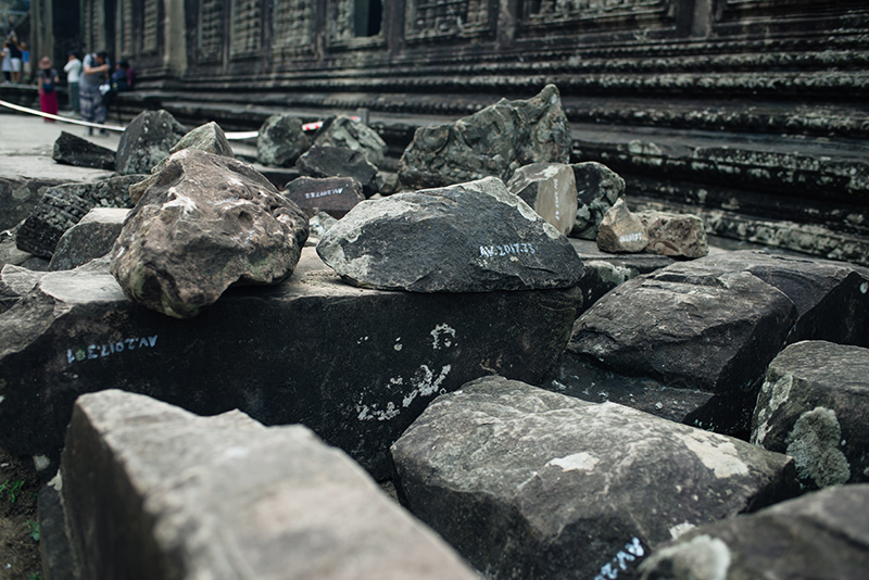 Stones labeled for renovation Angkor Wat temple complex Siem Reap Cambodia.