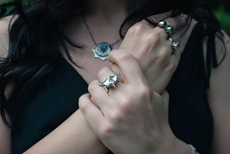 Fashion blogger Stephanie of FAIIINT wearing Toilworn silver vertebra and skull rings. All black dark style outfit details.