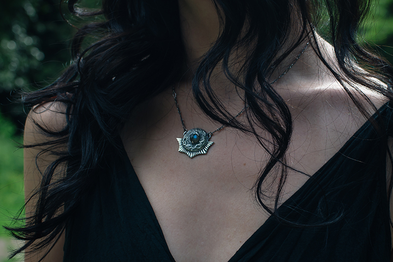 Fashion blogger Stephanie of FAIIINT wearing Toilworn silver luna landing labradorite moon necklace. All black dark style outfit details.