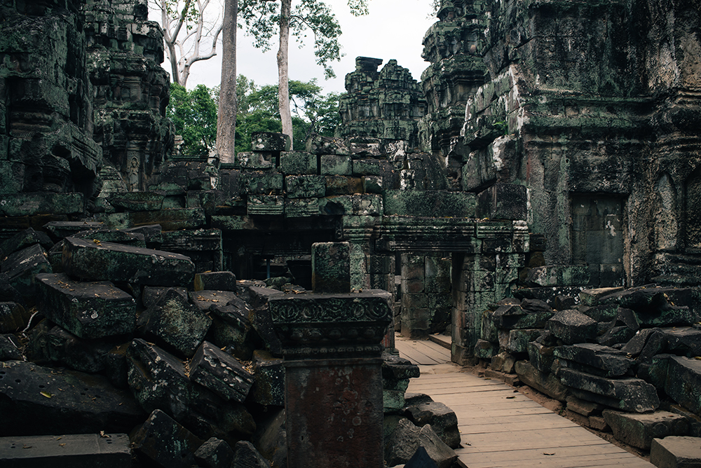 Ta Prohm temple Siem Reap Angkor Cambodia. Crumbling ruins reclaimed by nature and overgrown with trees and roots.