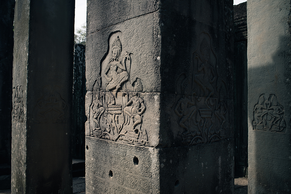 Bayon temple ruins Siem Reap Angkor Cambodia, detail of carving.