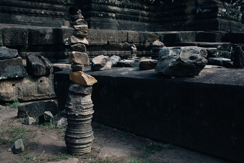 Bayon temple ruins Siem Reap Angkor Cambodia, stacking stones.