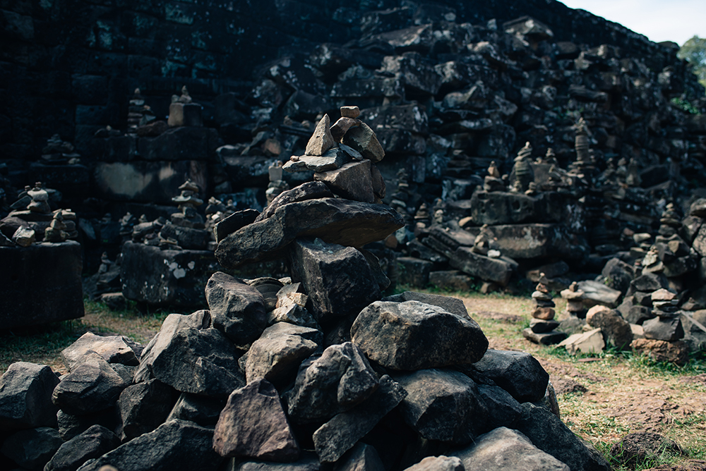Bayon temple ruins Siem Reap Angkor Cambodia, stacking stone garden.