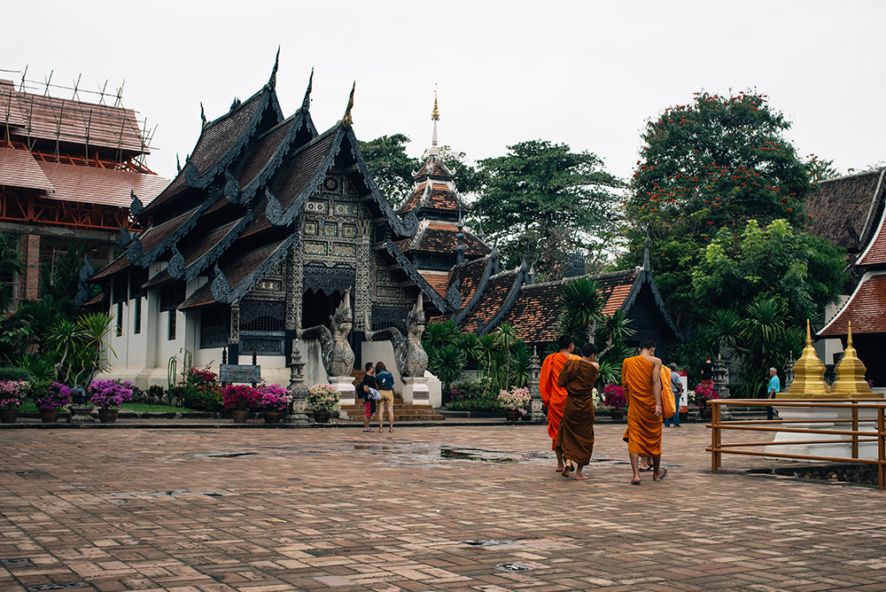 Buddhist monks at Wat Chedi Luang Chiang Mai Thailand.