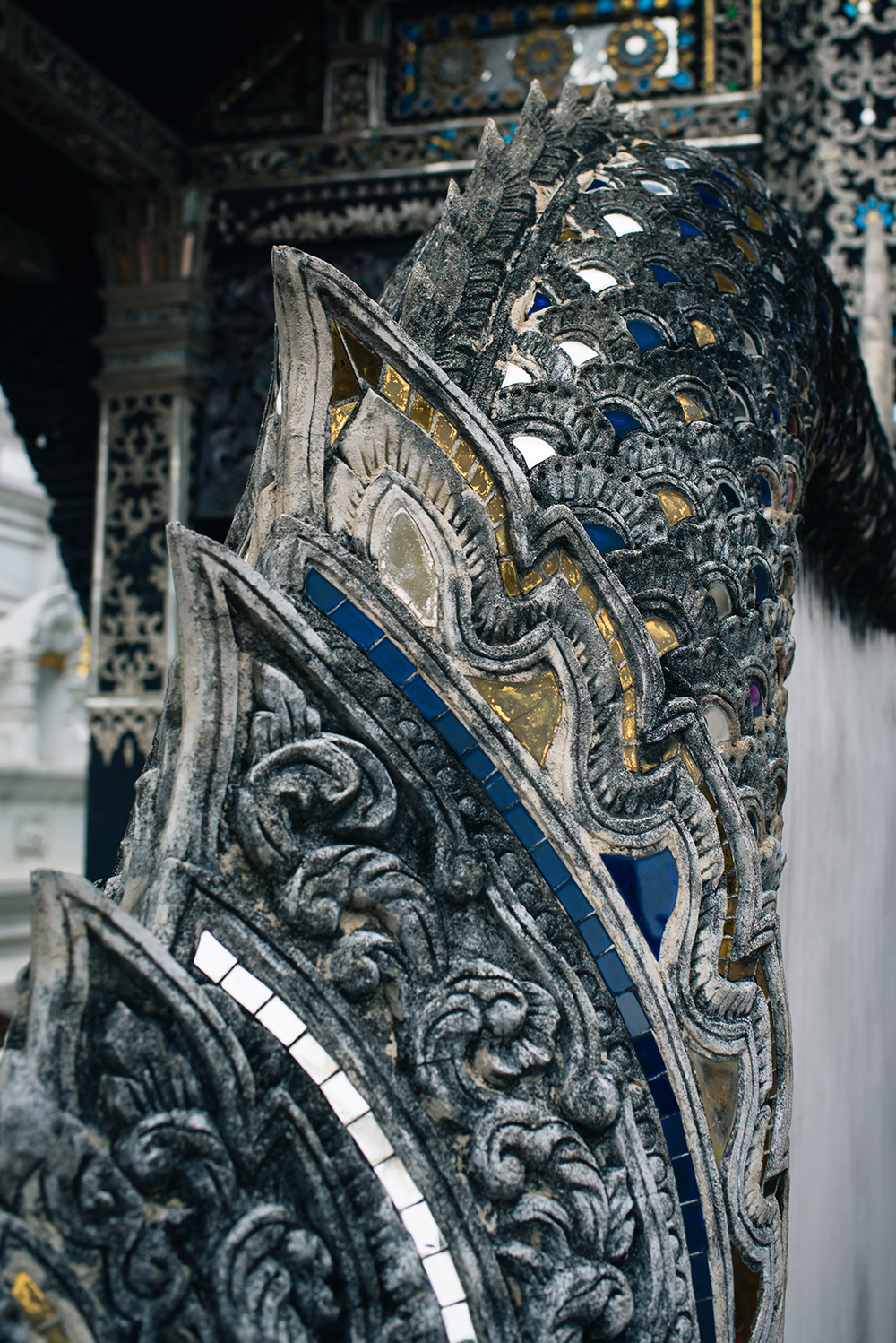 Wat Chedi Luang temple details Chiang Mai Thailand.
