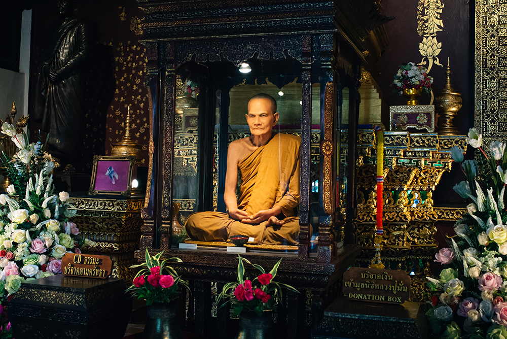 Waxwork of the Venerable Acharn Mun Bhuridatto Vihara at Wat Chedi Luang temple Chiang Mai Thailand.
