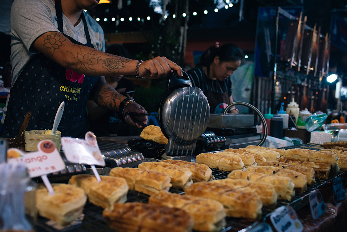 Chiang Mai Thailand sunday walking street market food stalls waffles