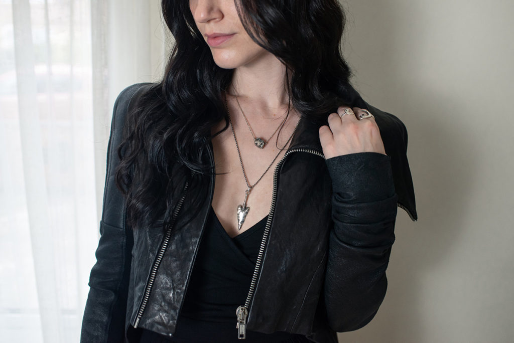 Fashion blogger FAIIINT wearin Rick Owens black leather jacket and Toilworn silver arrowhead necklace.