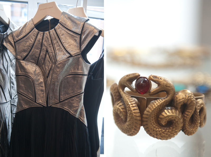 Dust PR AW13 Press Day, Catherine Deane Dresses with pewter metallic leather panelling & black mesh inserts, Vintage Seekers snake cuff costume jewellery, FAIIINT